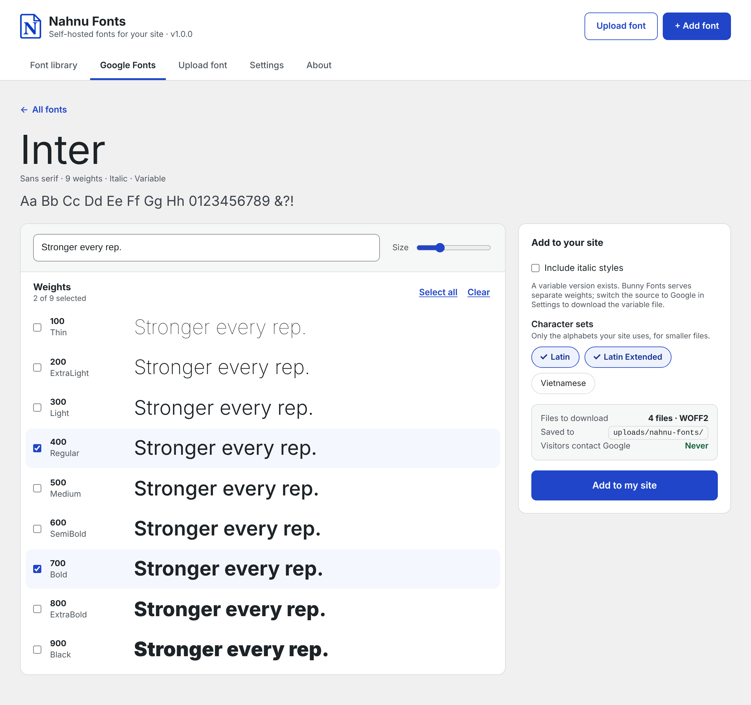 Adding Inter in Nahnu Fonts: choosing weights, italics and character sets, with the number of files to download and a note that visitors never contact Google.