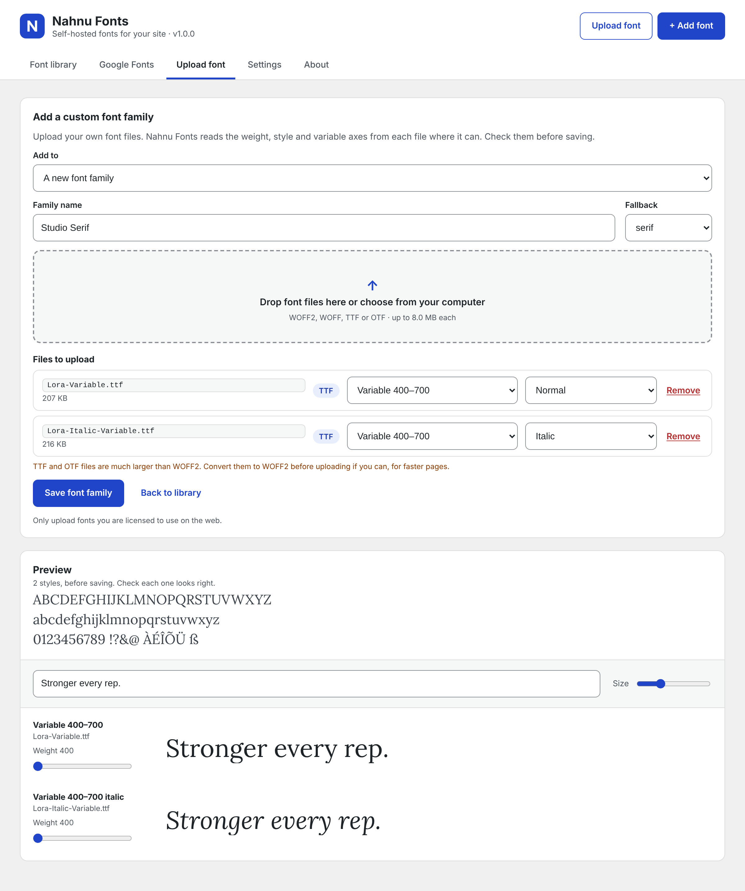 Uploading a custom font family in Nahnu Fonts: two variable font files with their detected weight range and style, and a live preview before saving.